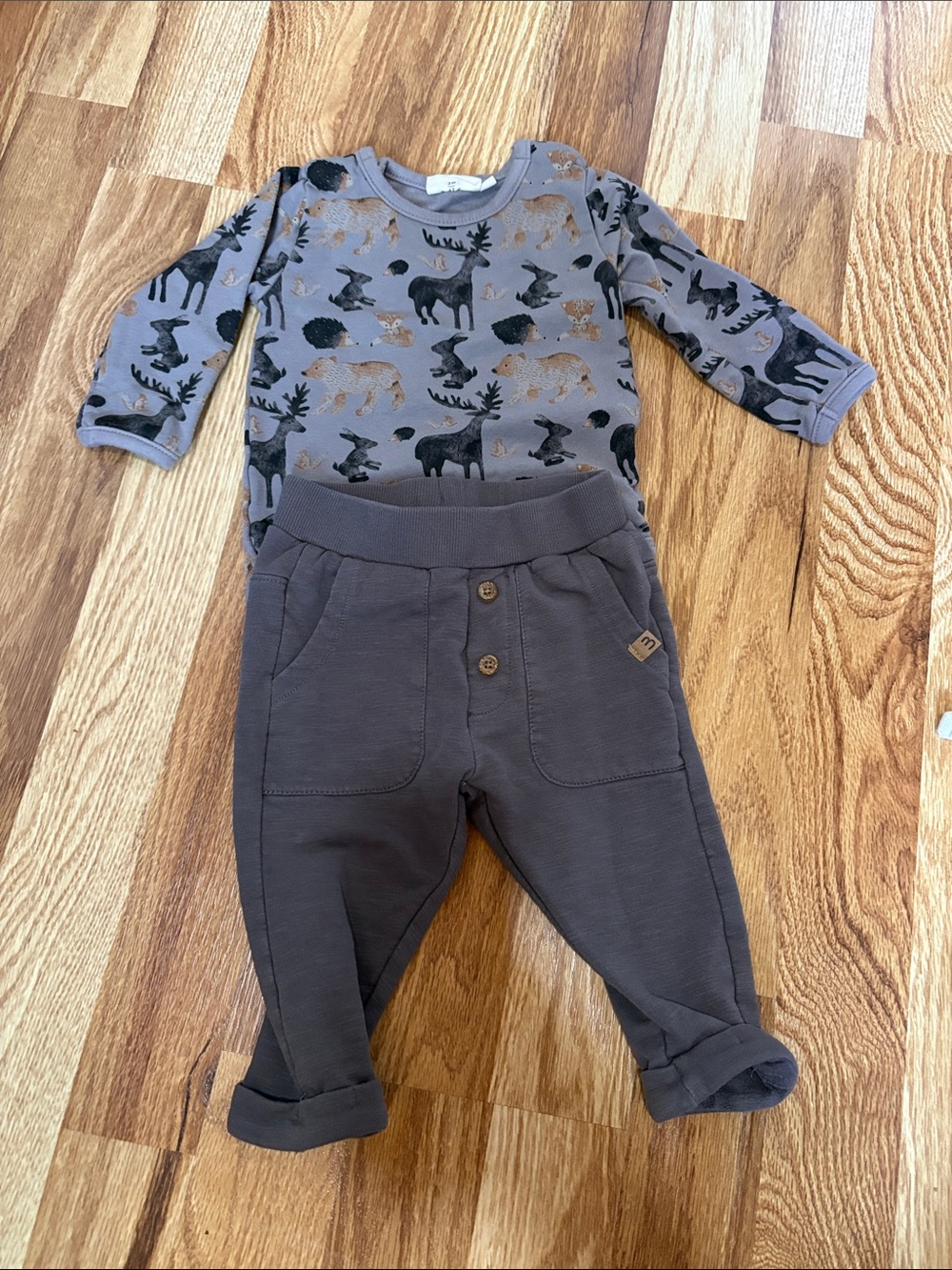 Minymo 3-6 Toddler Animal Print Long Sleeve Top & Cozy Pants Set - Gray